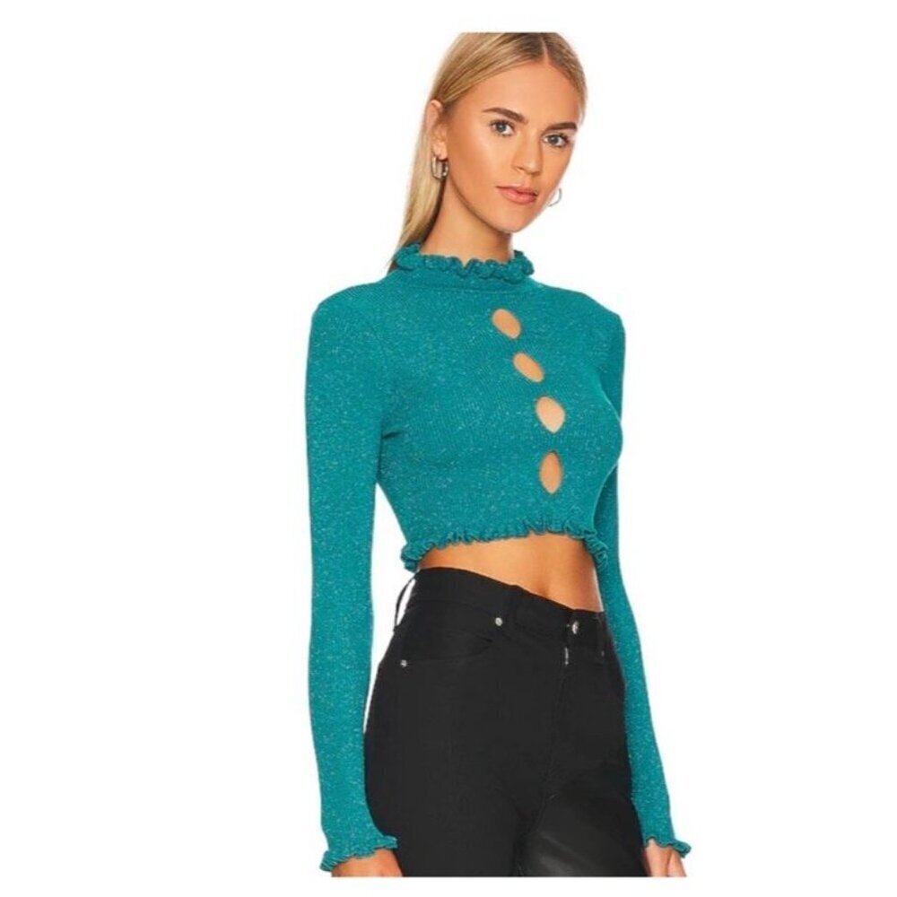 NWT For Love & Lemons "Lorelei" Cropped Sweater Top Teal Blue Metallic XS - Picture 2 of 11